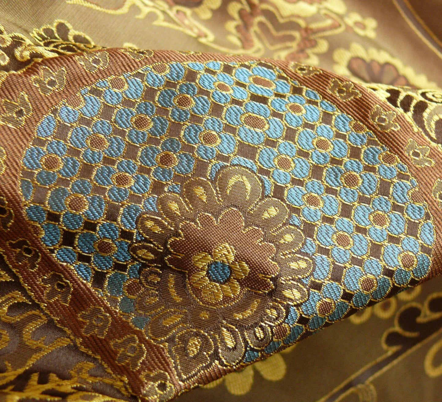 By Yd 100%silk Lampas Renaissance Medallion of Flora Java Deep Brown Blue