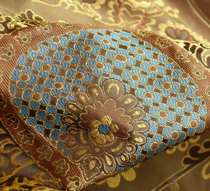 By Yd 100%silk Lampas Renaissance Medallion of Flora Java Deep Brown Blue