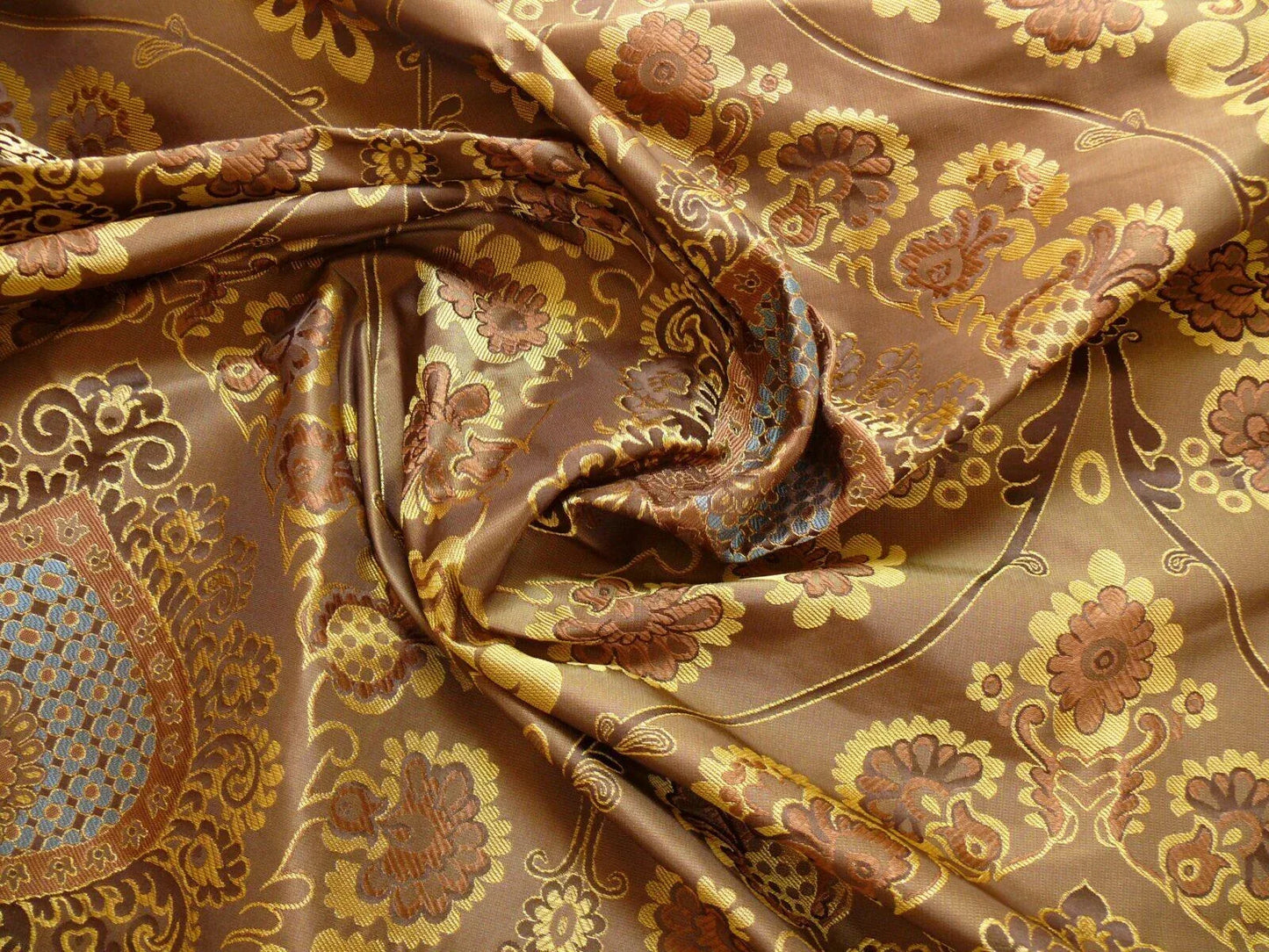 By Yd 100%silk Lampas Renaissance Medallion of Flora Java Deep Brown Blue