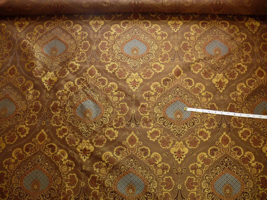 By Yd 100%silk Lampas Renaissance Medallion of Flora Java Deep Brown Blue