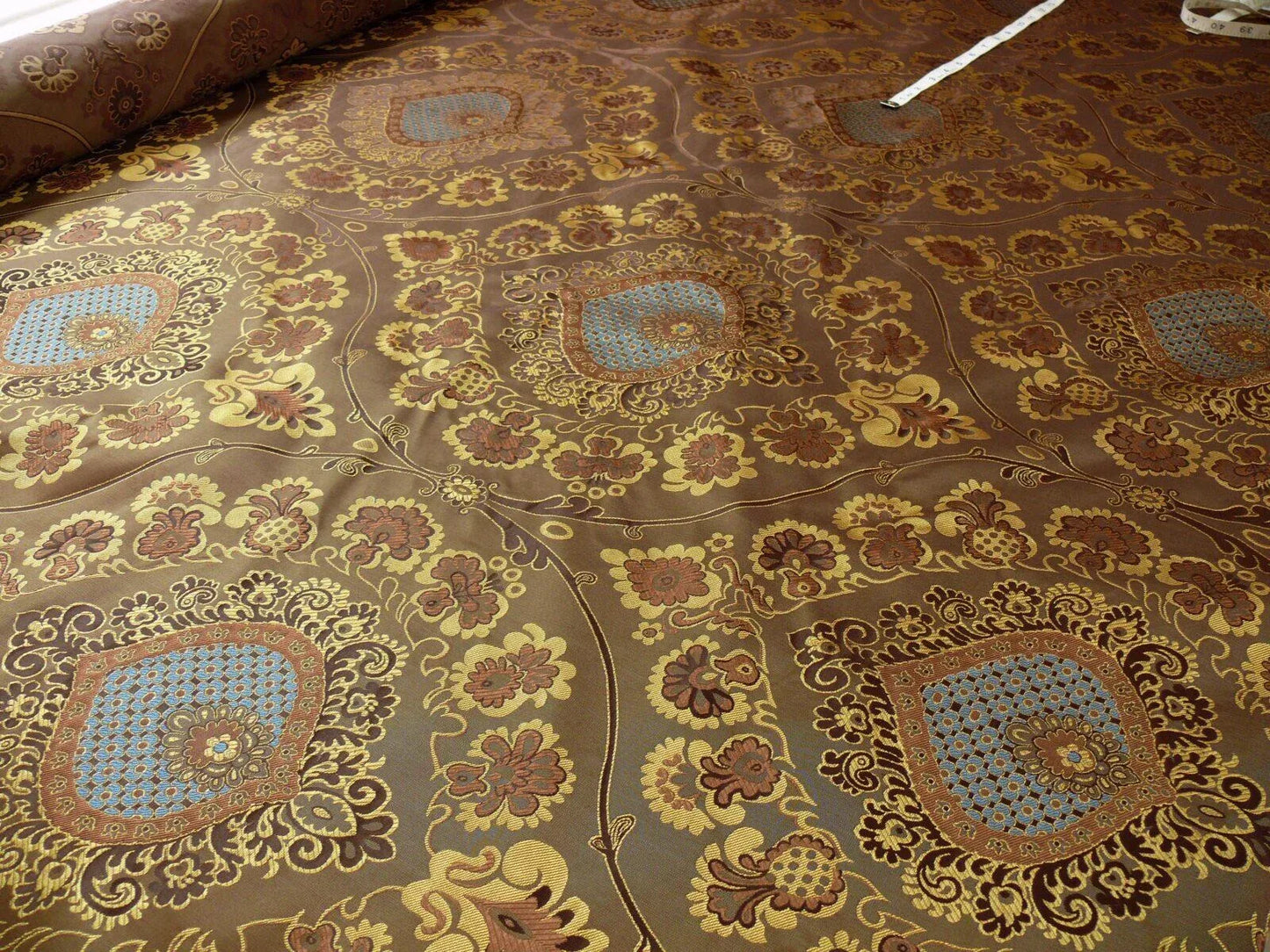 By Yd 100%silk Lampas Renaissance Medallion of Flora Java Deep Brown Blue