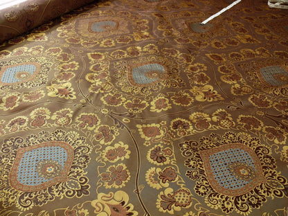 By Yd 100%silk Lampas Renaissance Medallion of Flora Java Deep Brown Blue