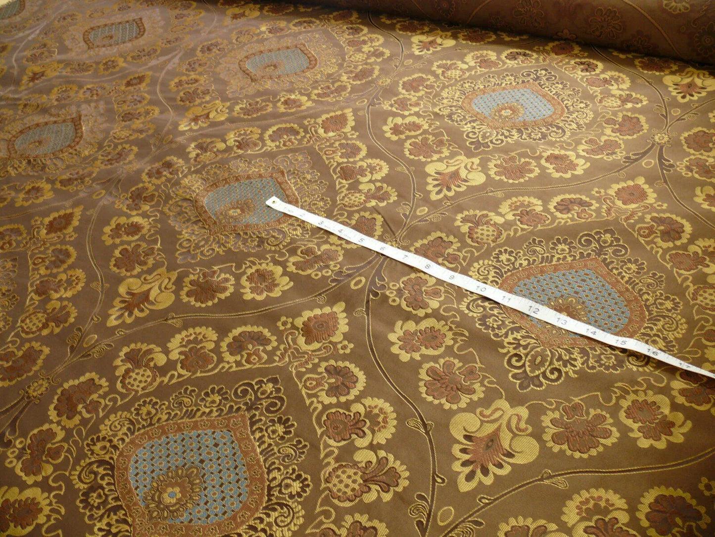 By Yd 100%silk Lampas Renaissance Medallion of Flora Java Deep Brown Blue