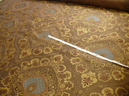 By Yd 100%silk Lampas Renaissance Medallion of Flora Java Deep Brown Blue