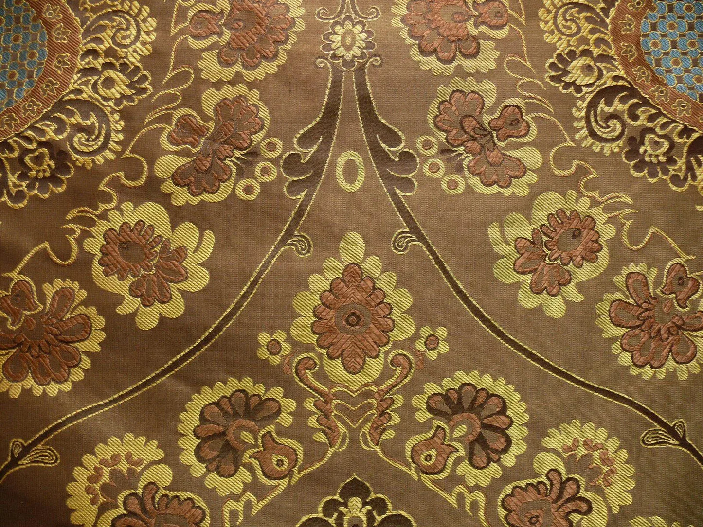 By Yd 100%silk Lampas Renaissance Medallion of Flora Java Deep Brown Blue