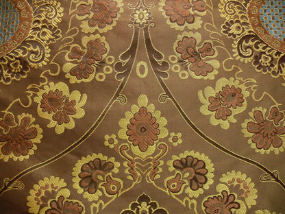 By Yd 100%silk Lampas Renaissance Medallion of Flora Java Deep Brown Blue