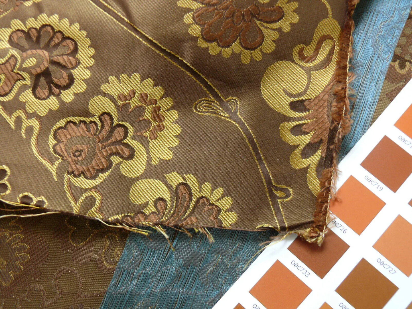 By Yd 100%silk Lampas Renaissance Medallion of Flora Java Deep Brown Blue