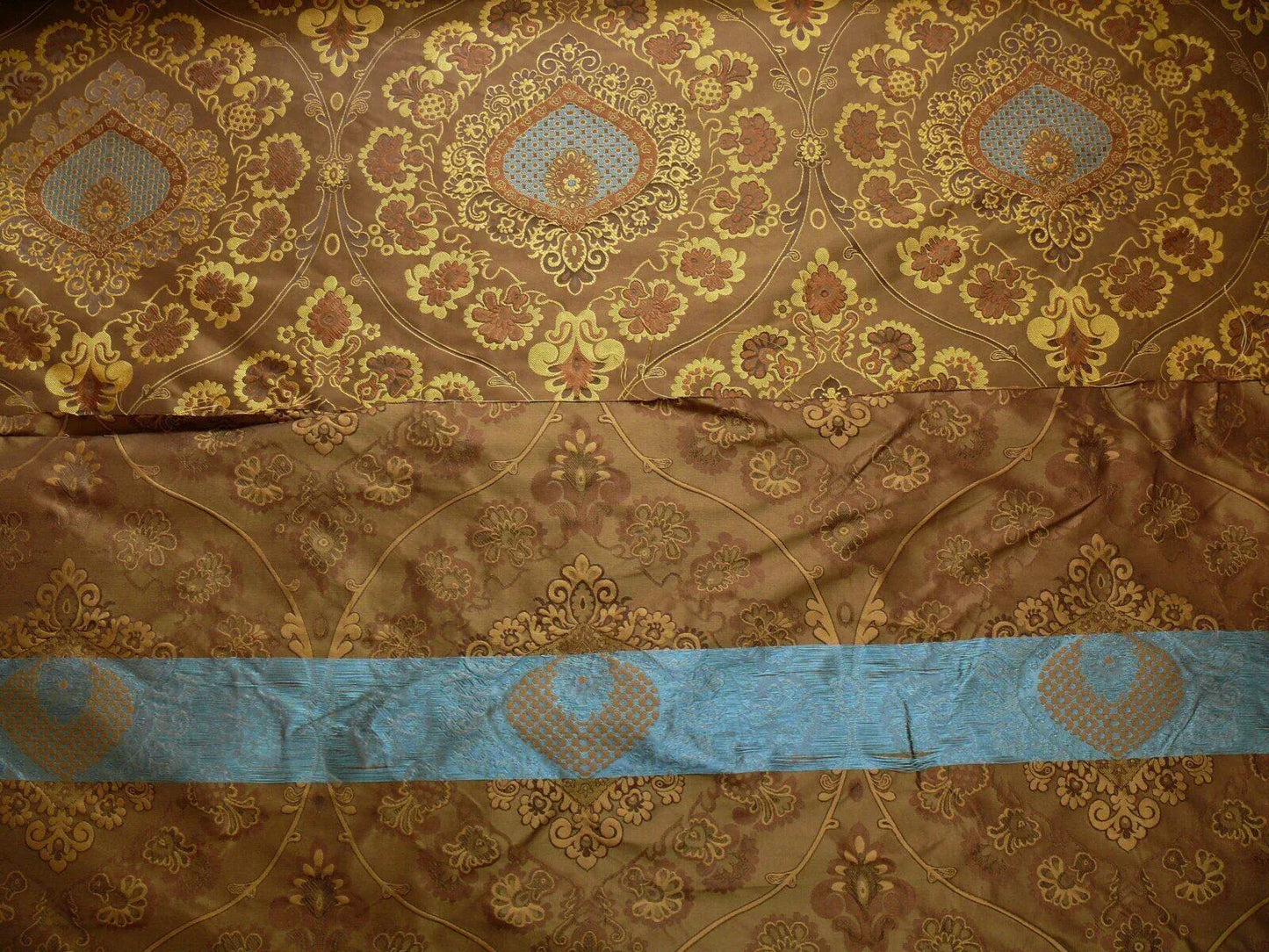 By Yd 100%silk Lampas Renaissance Medallion of Flora Java Deep Brown Blue