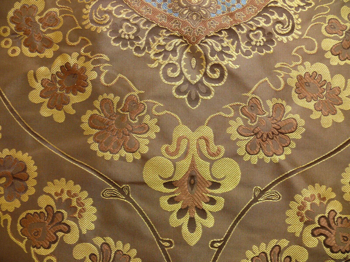 By Yd 100%silk Lampas Renaissance Medallion of Flora Java Deep Brown Blue