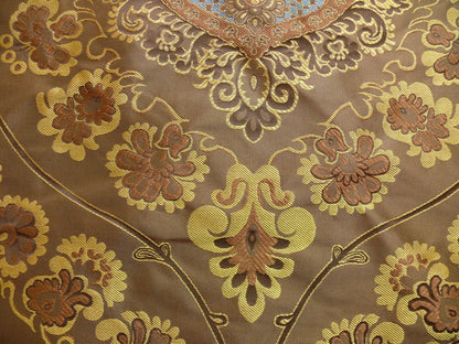 By Yd 100%silk Lampas Renaissance Medallion of Flora Java Deep Brown Blue