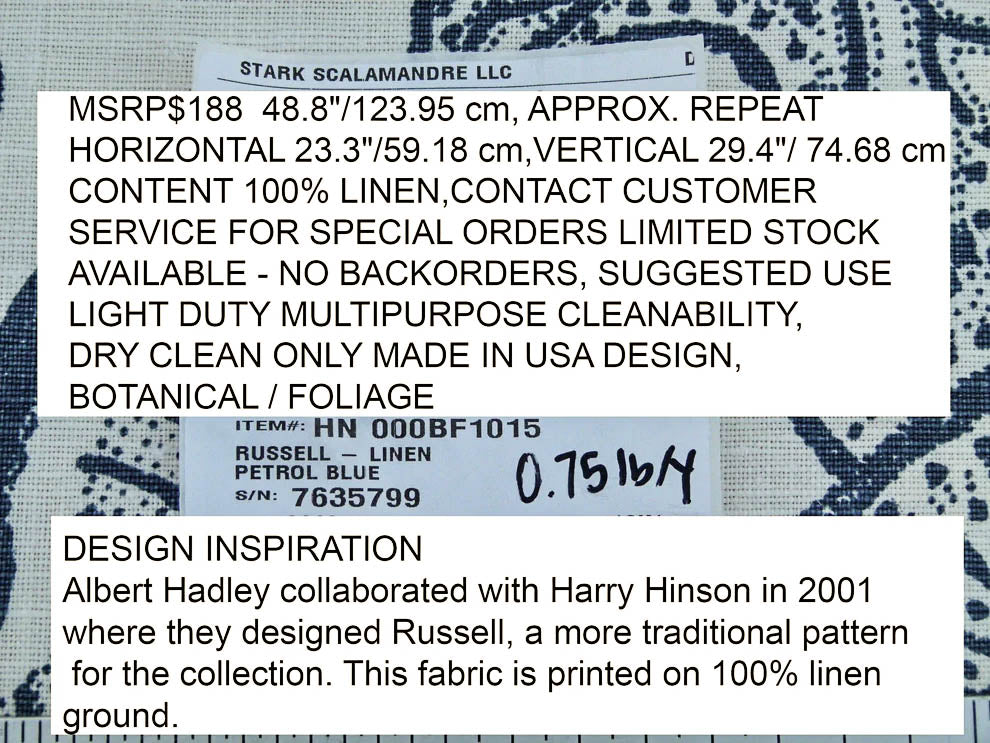 Scalamandre Russell Linen Petrol Blue Albert Hadley Linen Print Jacobean Tan Blue White MSRP USD 188
