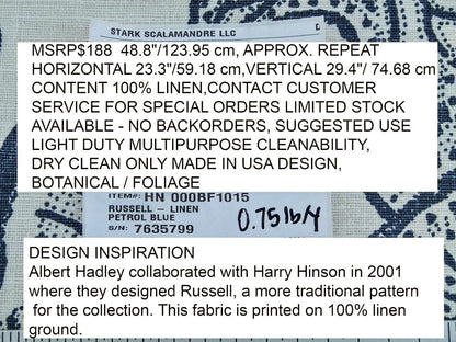Scalamandre Russell Linen Petrol Blue Albert Hadley Linen Print Jacobean Tan Blue White MSRP USD 188