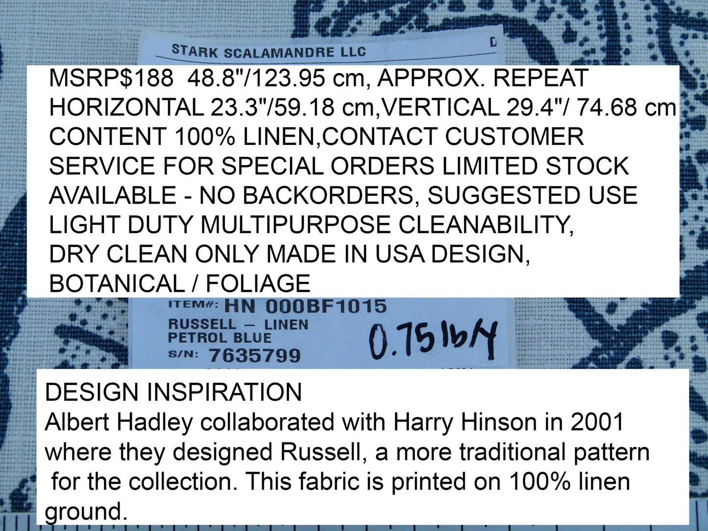 Scalamandre Russell Linen Petrol Blue Albert Hadley Linen Print Jacobean Tan Blue White MSRP USD 188