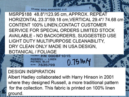 Scalamandre Russell Linen Petrol Blue Albert Hadley Linen Print Jacobean Tan Blue White MSRP USD 188