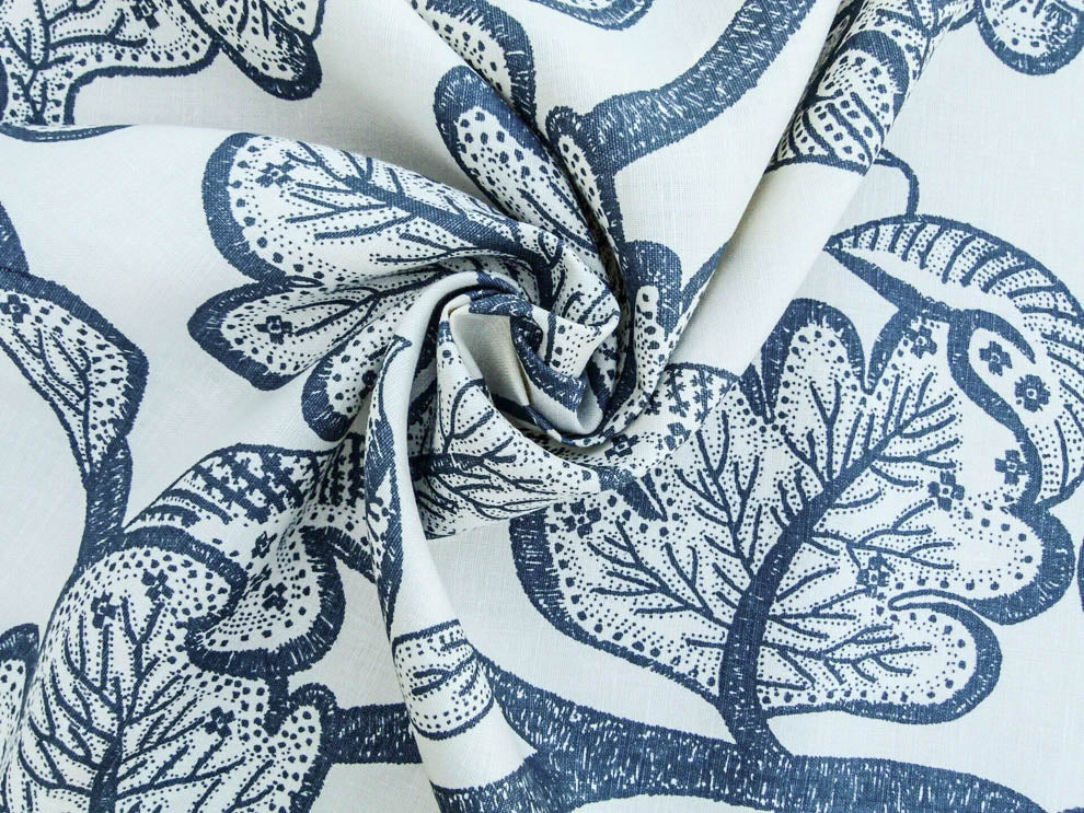 Scalamandre Russell Linen Petrol Blue Albert Hadley Linen Print Jacobean Tan Blue White MSRP USD 188