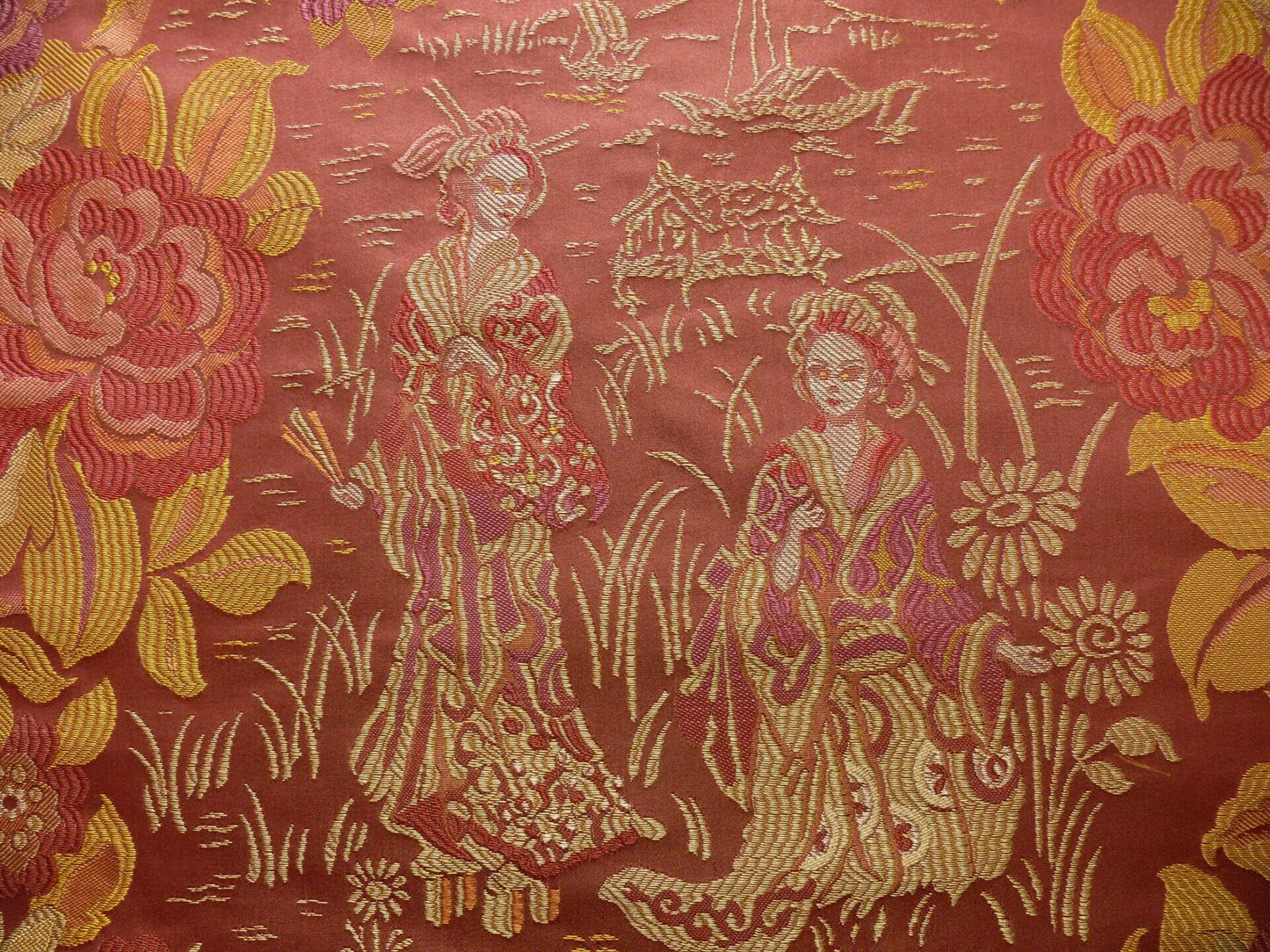 100%silk Lampas Madame Butterfly "kimono" Red Golden Crimson