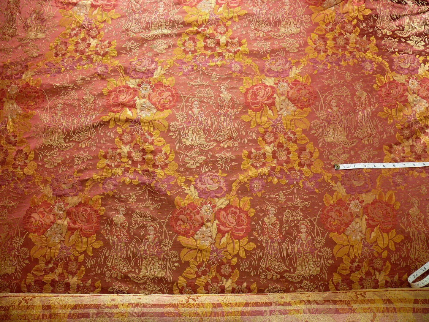 100%silk Lampas Madame Butterfly "kimono" Red Golden Crimson