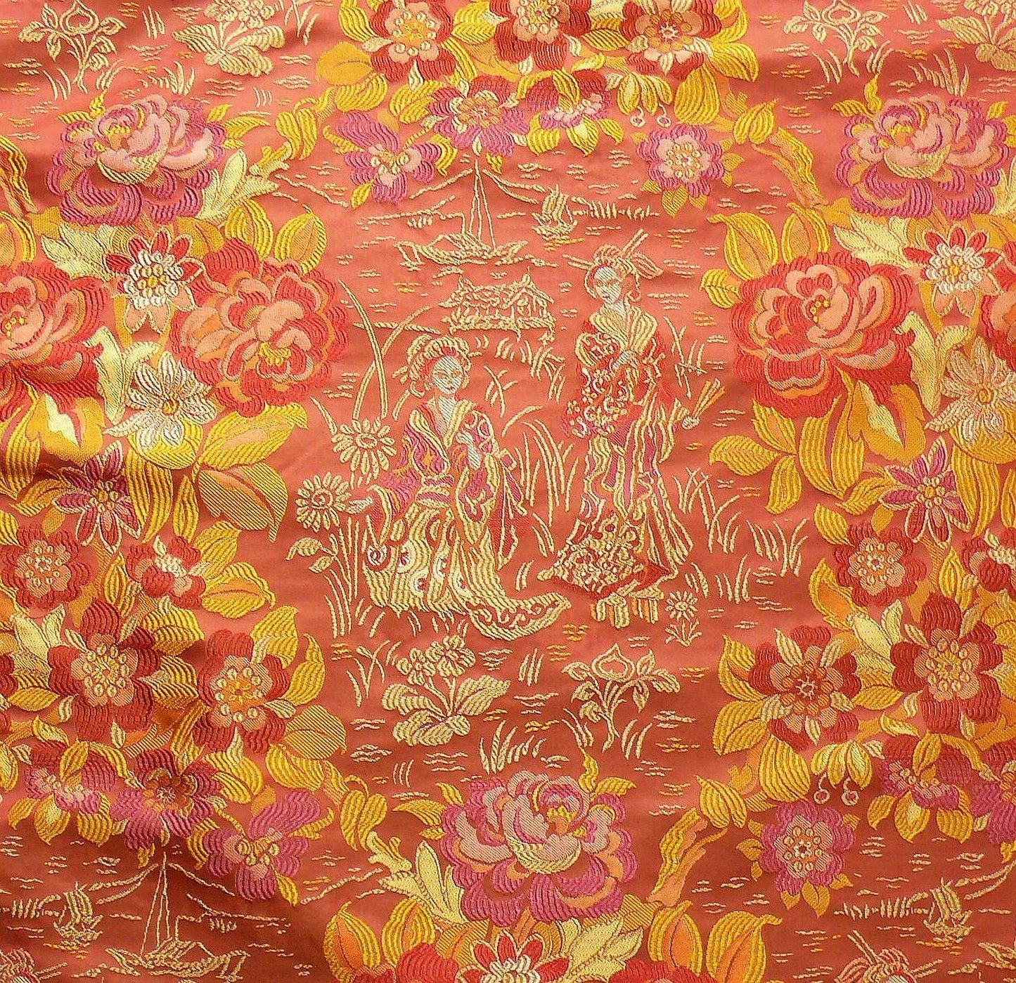 100%silk Lampas Madame Butterfly "kimono" Red Golden Crimson
