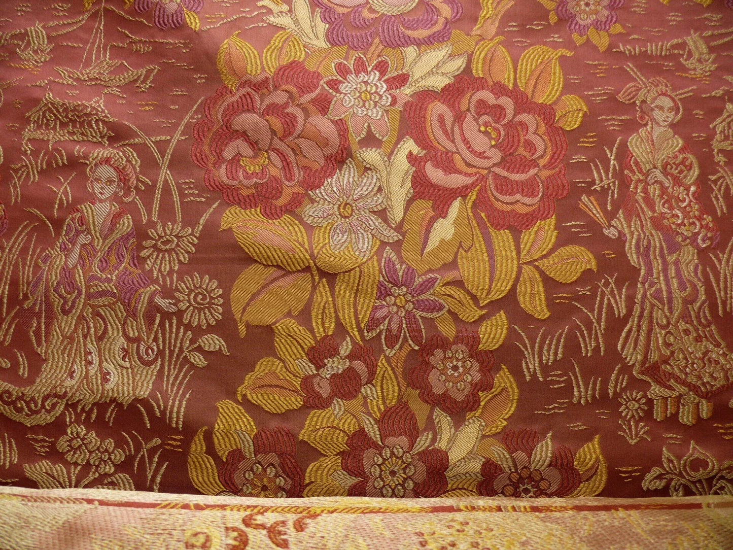 100%silk Lampas Madame Butterfly "kimono" Red Golden Crimson