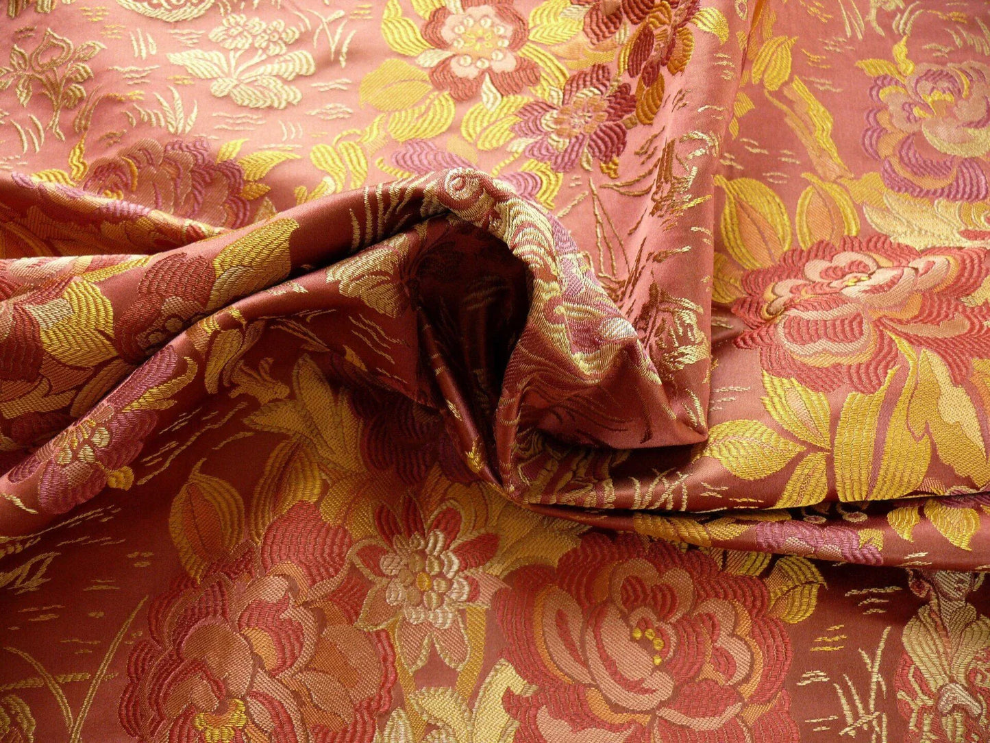 100%silk Lampas Madame Butterfly "kimono" Red Golden Crimson