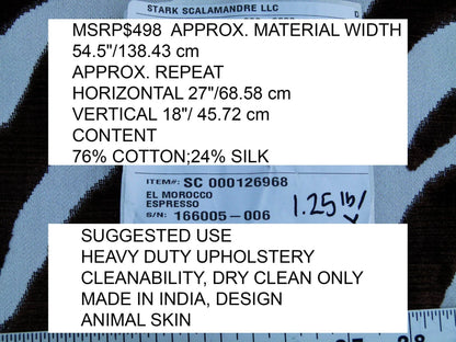 Scalamandre El Morocco Espresso Zebra Silk Velvet White Brown Black Safari MSRP USD 498
