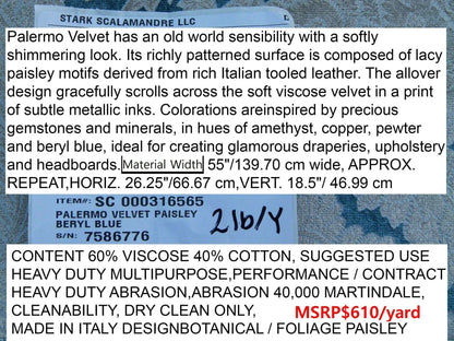 Scalamandre Palermo Velvet Paisley Beryl Blue Printed Velvet Botanical Foliage