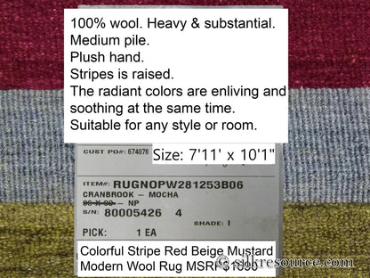Stark Cranbook Mocha 7'11" X 10' 1" Colorful Stripe Red Beige Mustard Modern Wool Rug MSRP USD 1690