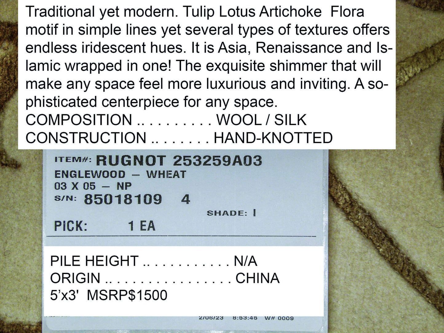 Stark Englewood Wheat 5x3' Gold Cream Silk Wool Hand-knotted Rug Modern Tulip Lotus Artichoke Crewel Flora MSRP USD 1500