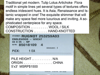 Stark Englewood Wheat 5x3' Gold Cream Silk Wool Hand-knotted Rug Modern Tulip Lotus Artichoke Crewel Flora MSRP USD 1500