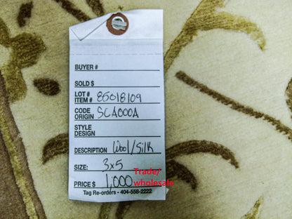 Stark Englewood Wheat 5x3' Gold Cream Silk Wool Hand-knotted Rug Modern Tulip Lotus Artichoke Crewel Flora MSRP USD 1500