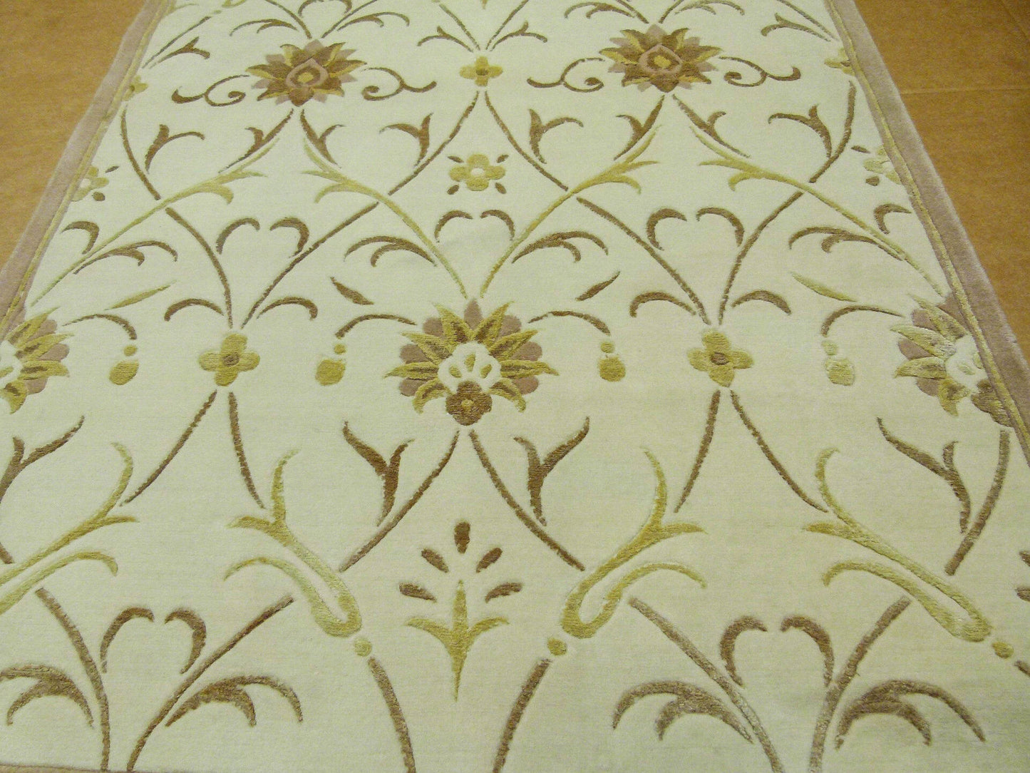 Stark Englewood Wheat 5x3' Gold Cream Silk Wool Hand-knotted Rug Modern Tulip Lotus Artichoke Crewel Flora MSRP USD 1500