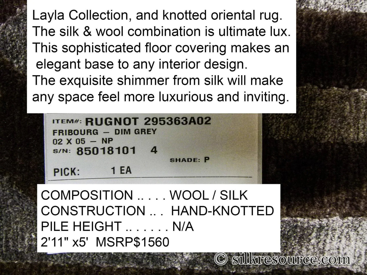 Stark Fribourg Dim Grey 2'11" X5' New Oriental Tibetan Rug Lattice Maze Silk Wool MSRP USD 1560