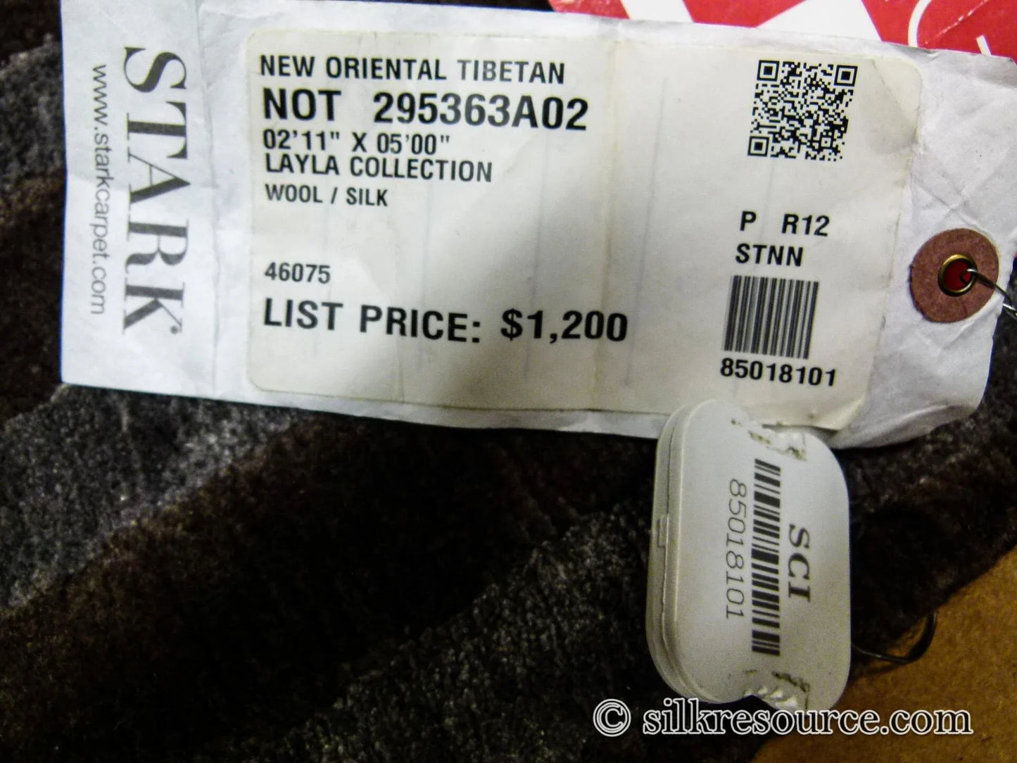 Stark Fribourg Dim Grey 2'11" X5' New Oriental Tibetan Rug Lattice Maze Silk Wool MSRP USD 1560