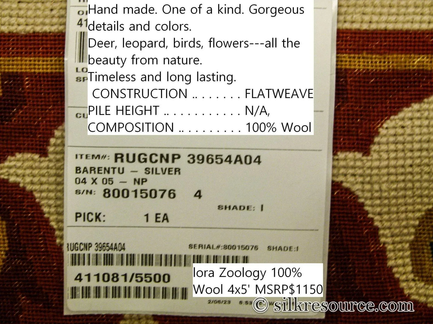 Stark Barentu Silver  Diamond Barratta Collection Leopard Deer Bird Flora Zoology 100% Wool 4x5' MSRP USD 1150