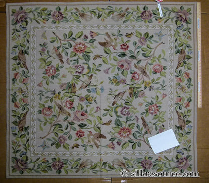 Stark Bell Gardens Tan 5x5' Flower Birds Butterfly Garland 100% Wool Rug Pink Green Yellow MSRP USD 877.50