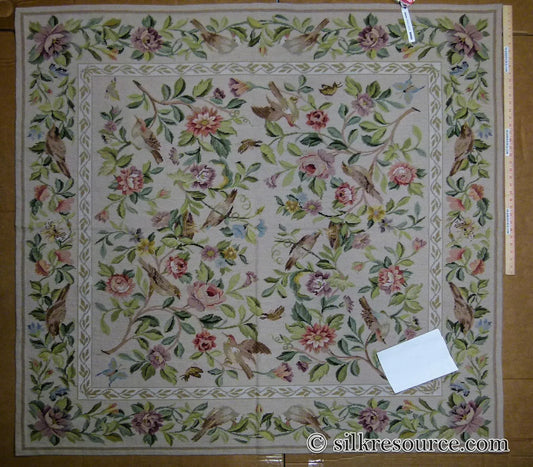 Stark Bell Gardens Tan 5x5' Flower Birds Butterfly Garland 100% Wool Rug Pink Green Yellow MSRP USD 877.50