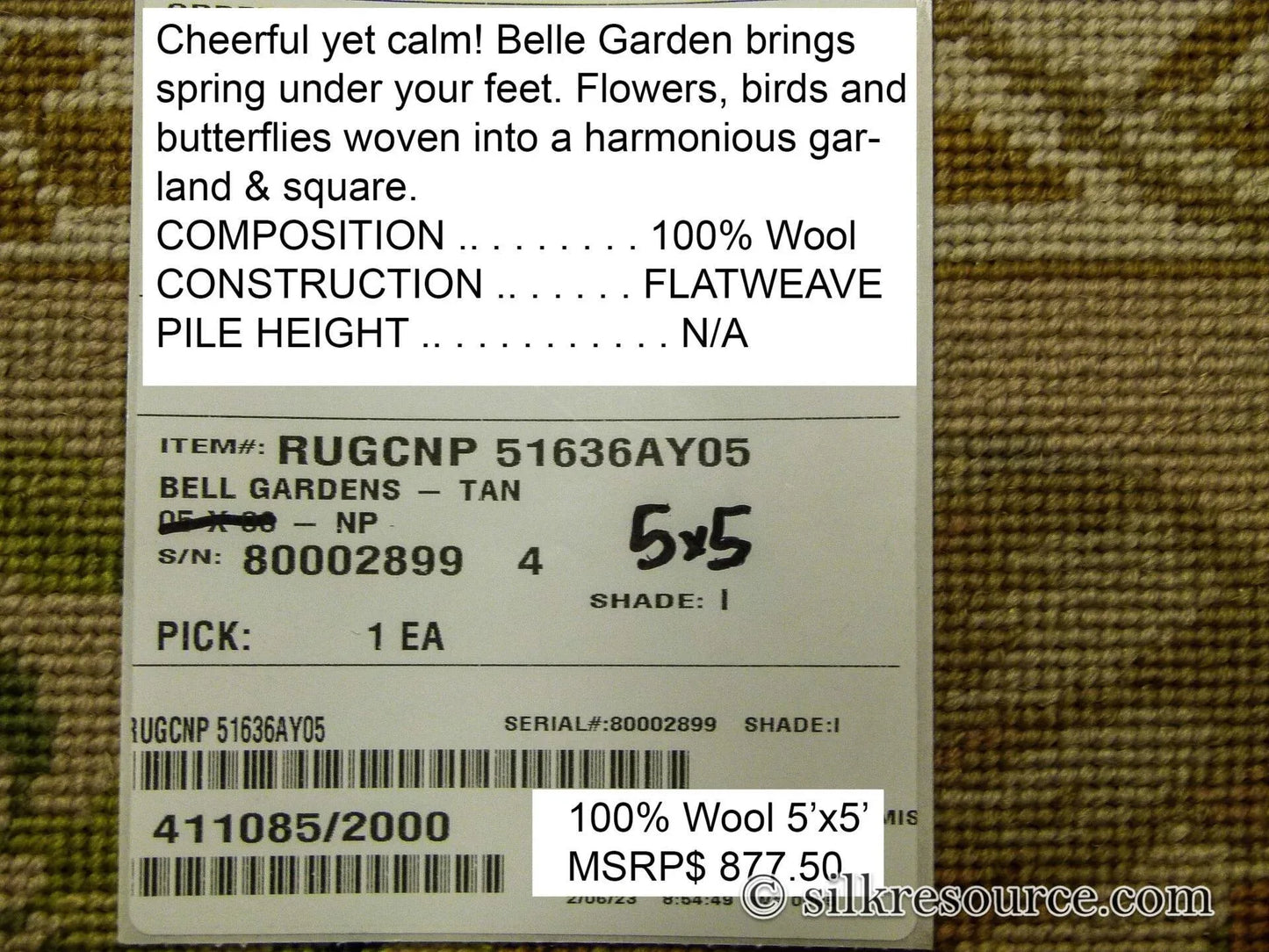 Stark Bell Gardens Tan 5x5' Flower Birds Butterfly Garland 100% Wool Rug Pink Green Yellow MSRP USD 877.50