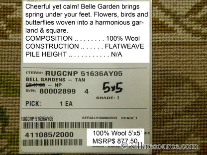 Stark Bell Gardens Tan 5x5' Flower Birds Butterfly Garland 100% Wool Rug Pink Green Yellow MSRP USD 877.50