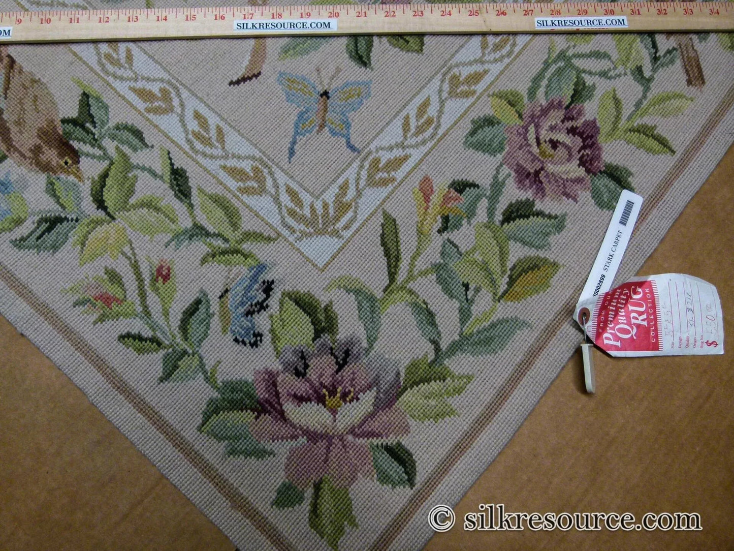 Stark Bell Gardens Tan 5x5' Flower Birds Butterfly Garland 100% Wool Rug Pink Green Yellow MSRP USD 877.50