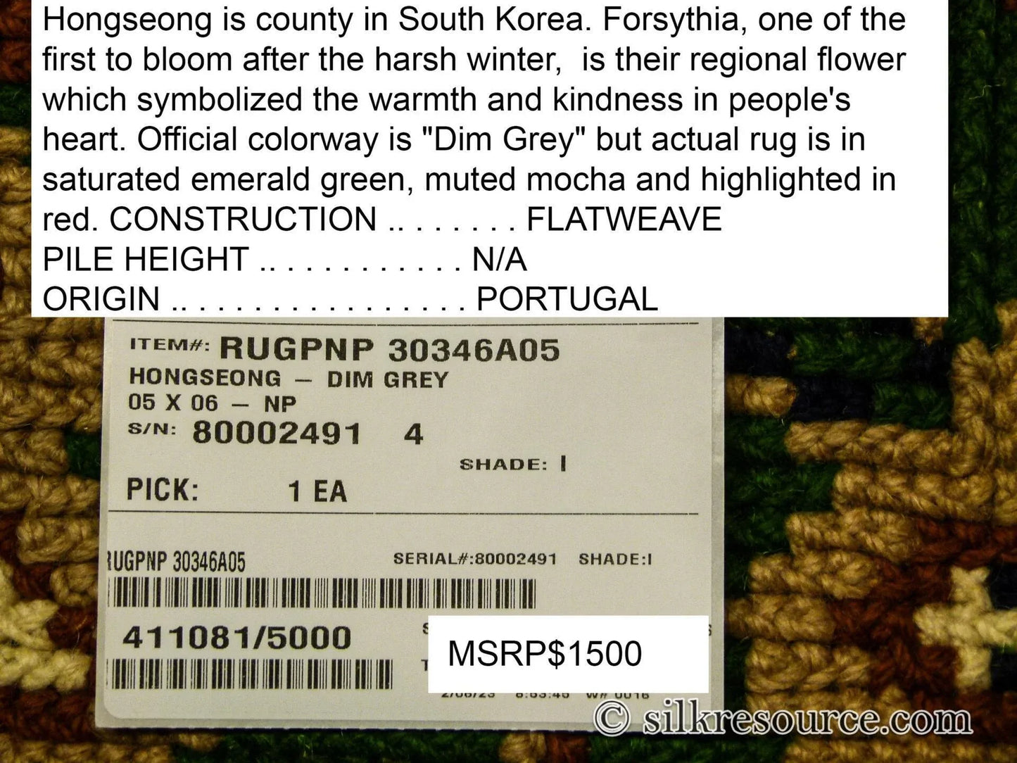 Stark Hongseong Dim Grey 5x6' Korean Asian Flora Forsythia Emerald Green Beige Red MSRP USD 1500