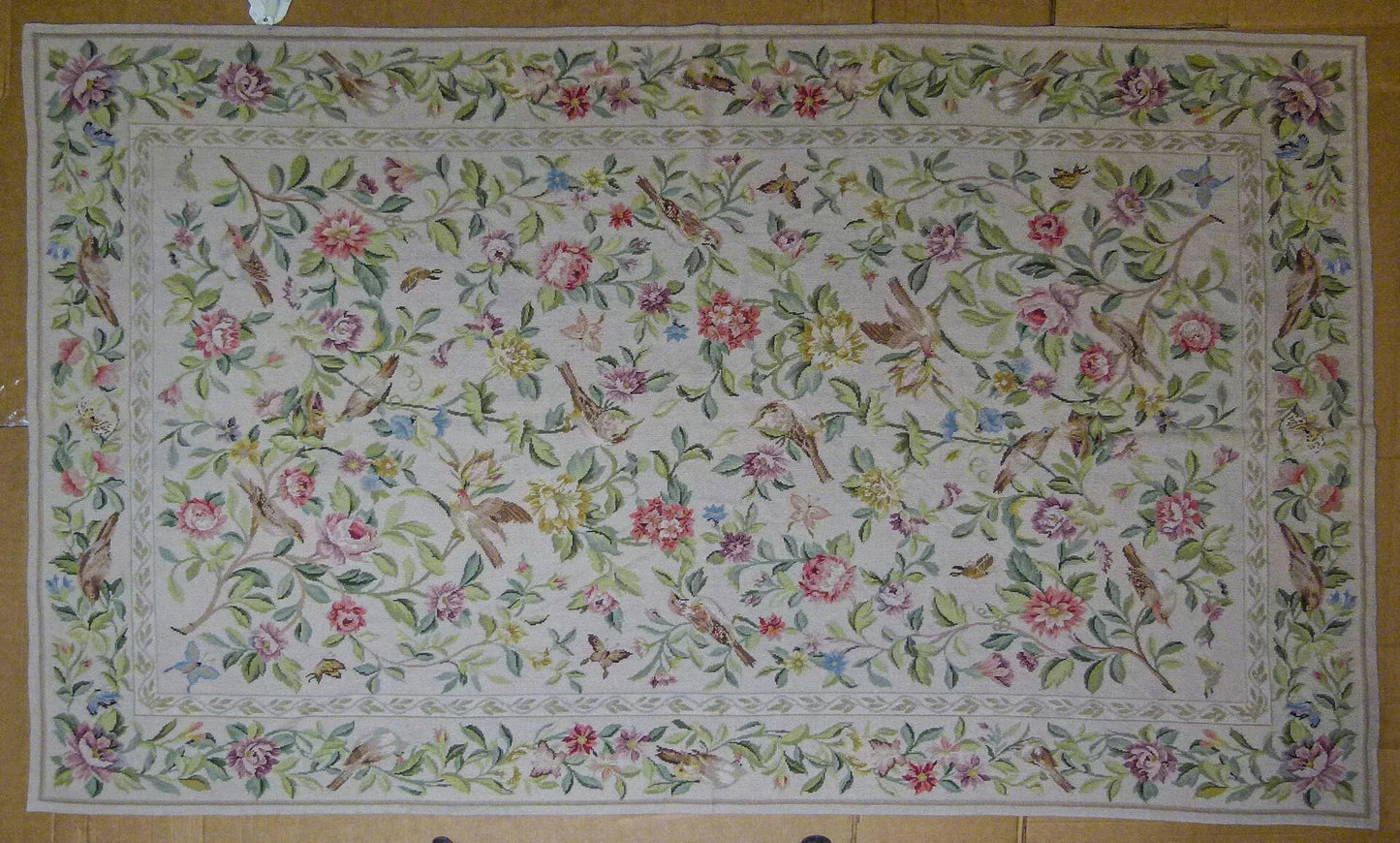 Stark Bell Gardens Tan 8' X 5' Flower Birds Butterfly Garland 100% Wool Rug Pink Green Yellow MSRP USD 1300