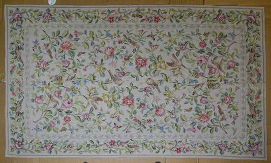 Stark Bell Gardens Tan 8' X 5' Flower Birds Butterfly Garland 100% Wool Rug Pink Green Yellow MSRP USD 1300