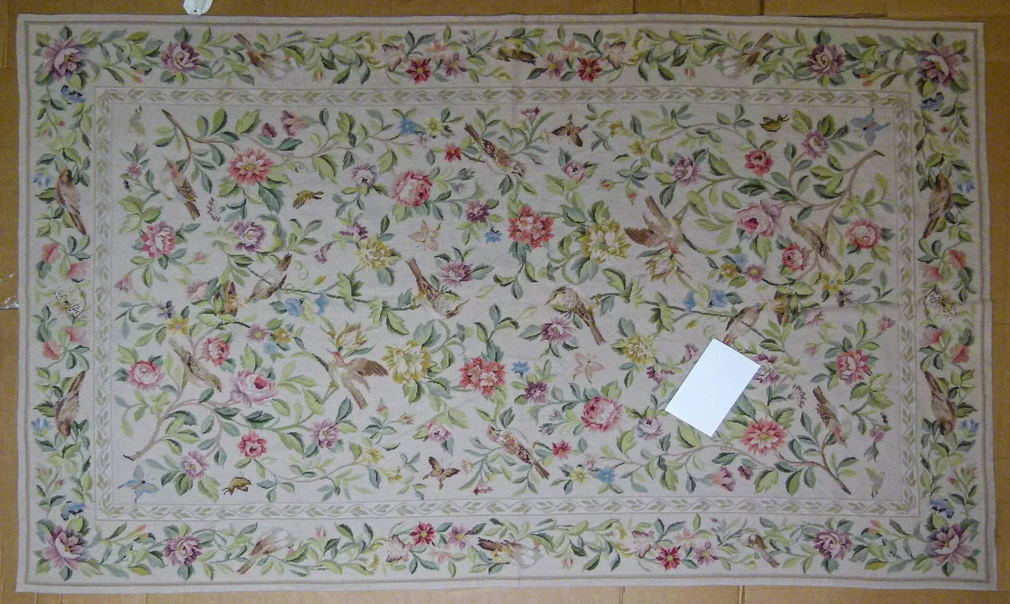 Stark Bell Gardens Tan 8' X 5' Flower Birds Butterfly Garland 100% Wool Rug Pink Green Yellow MSRP USD 1300