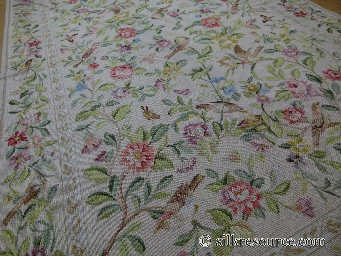 Stark Bell Gardens Tan 8' X 5' Flower Birds Butterfly Garland 100% Wool Rug Pink Green Yellow MSRP USD 1300