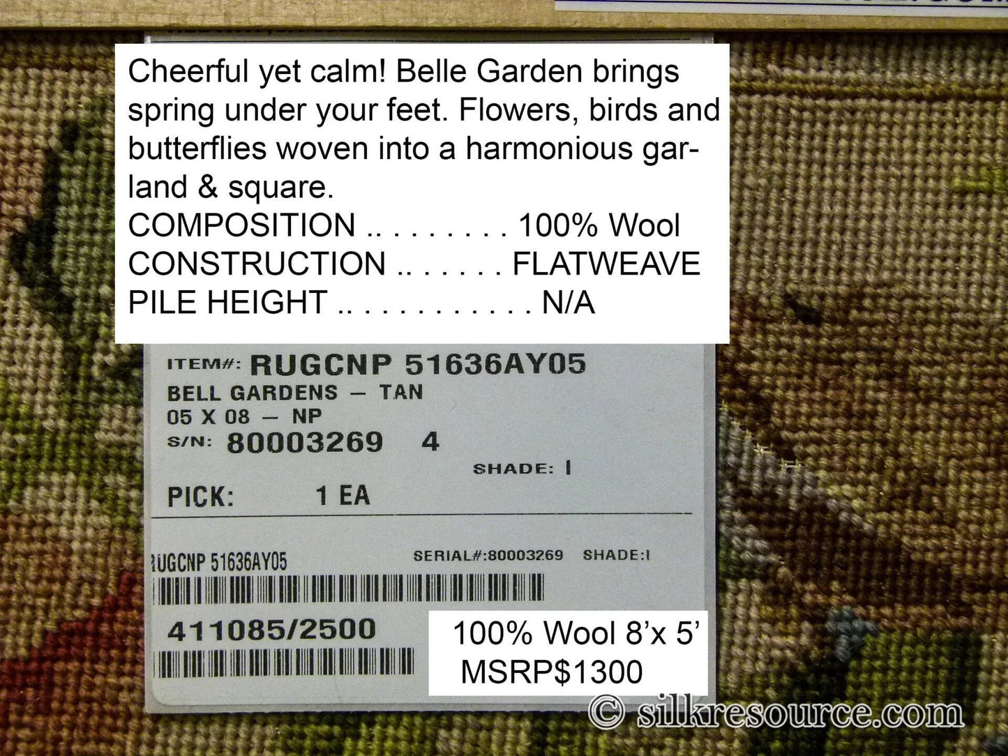 Stark Bell Gardens Tan 8' X 5' Flower Birds Butterfly Garland 100% Wool Rug Pink Green Yellow MSRP USD 1300