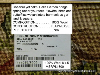 Stark Bell Gardens Tan 8' X 5' Flower Birds Butterfly Garland 100% Wool Rug Pink Green Yellow MSRP USD 1300