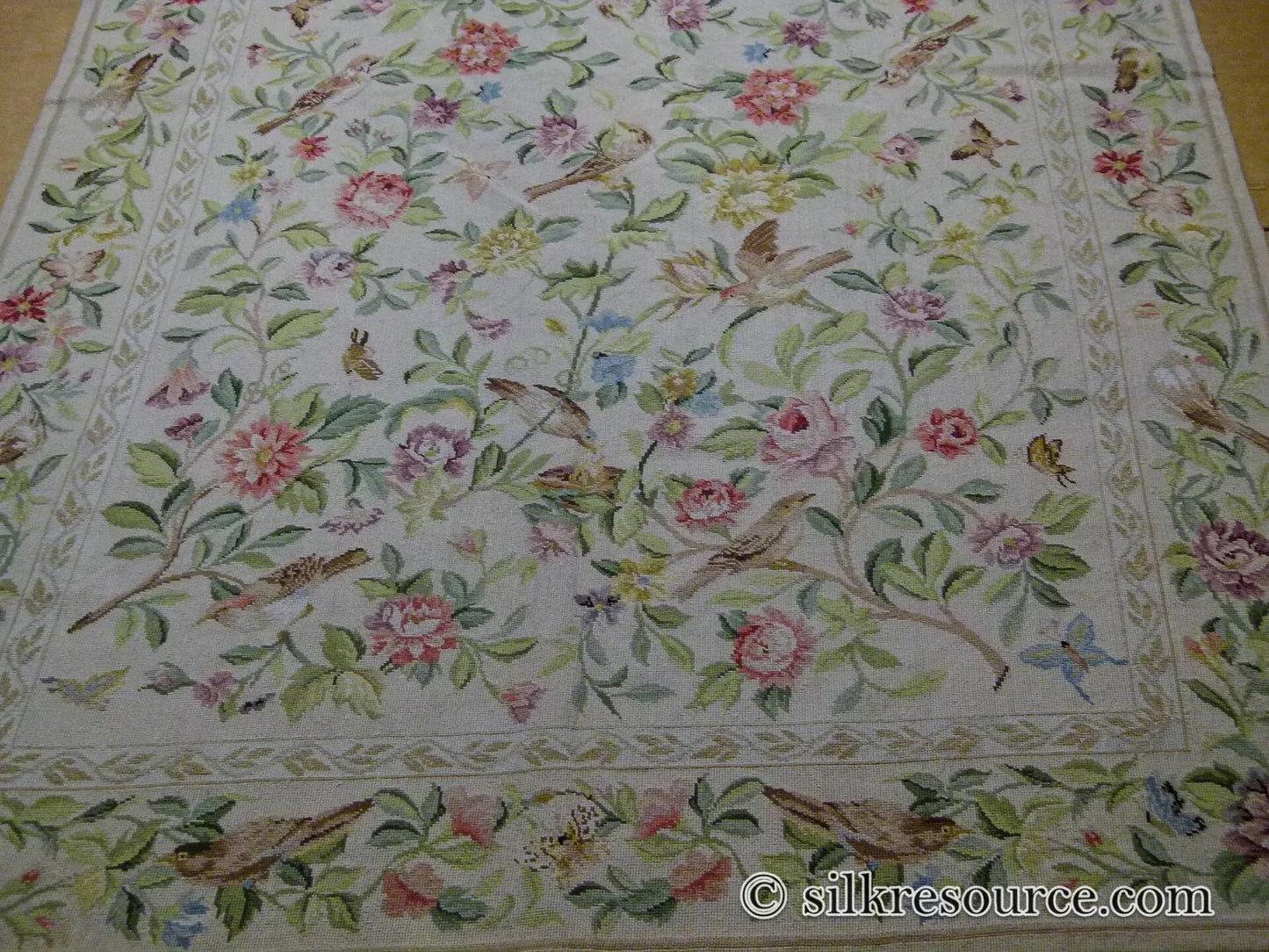 Stark Bell Gardens Tan 8' X 5' Flower Birds Butterfly Garland 100% Wool Rug Pink Green Yellow MSRP USD 1300