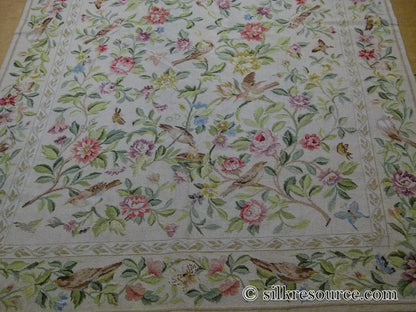 Stark Bell Gardens Tan 8' X 5' Flower Birds Butterfly Garland 100% Wool Rug Pink Green Yellow MSRP USD 1300