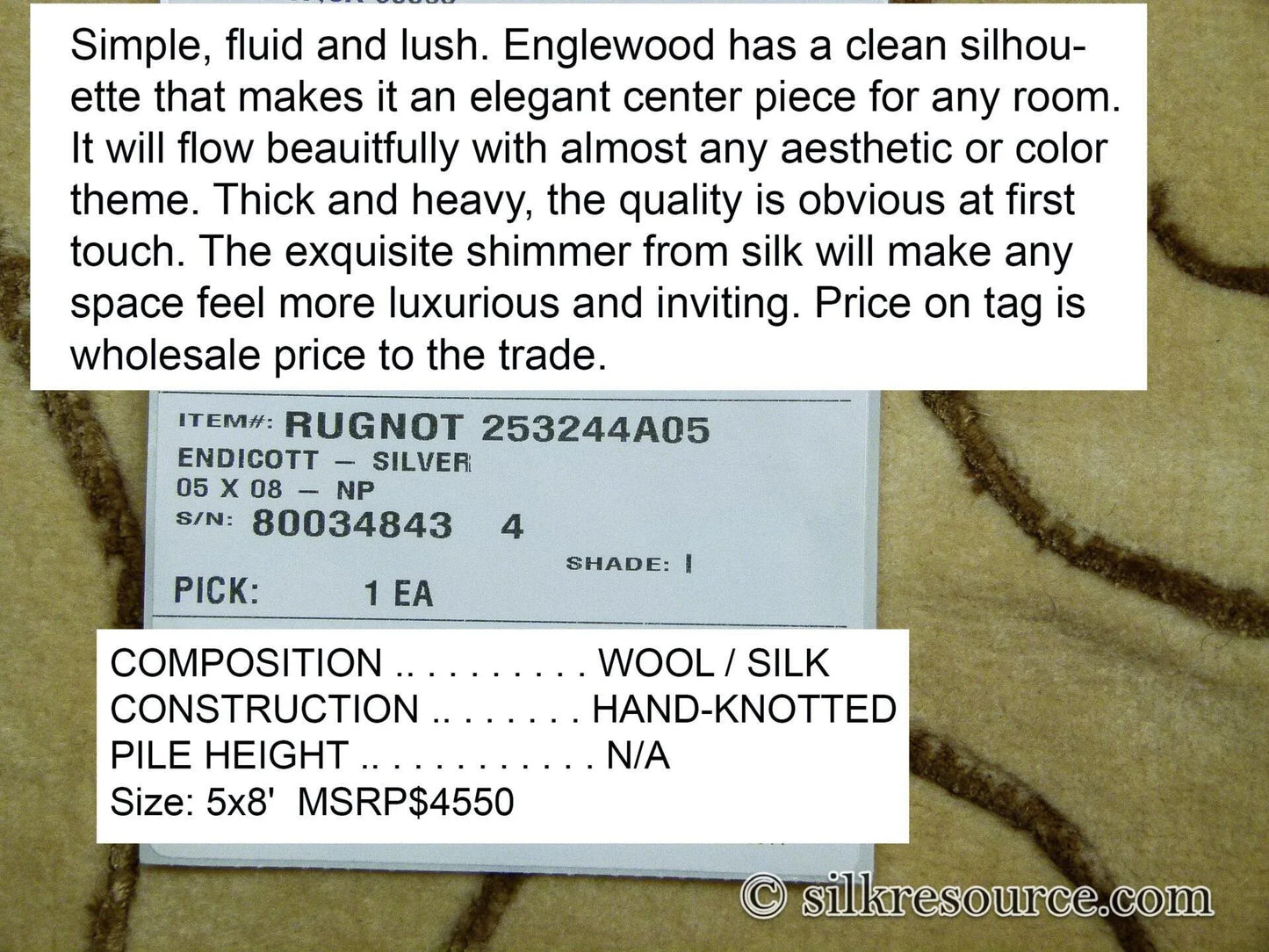 Stark Endicott Silver 5x8' Silk Wool Hand-knotted Rug Medallion Damask MSRP USD 4550