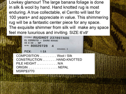 Stark El Cerrito Dark Khaki 6x9' Silk Wool Hand Knotted Banana Tree Foliage Tropical Green MSRP USD 3770